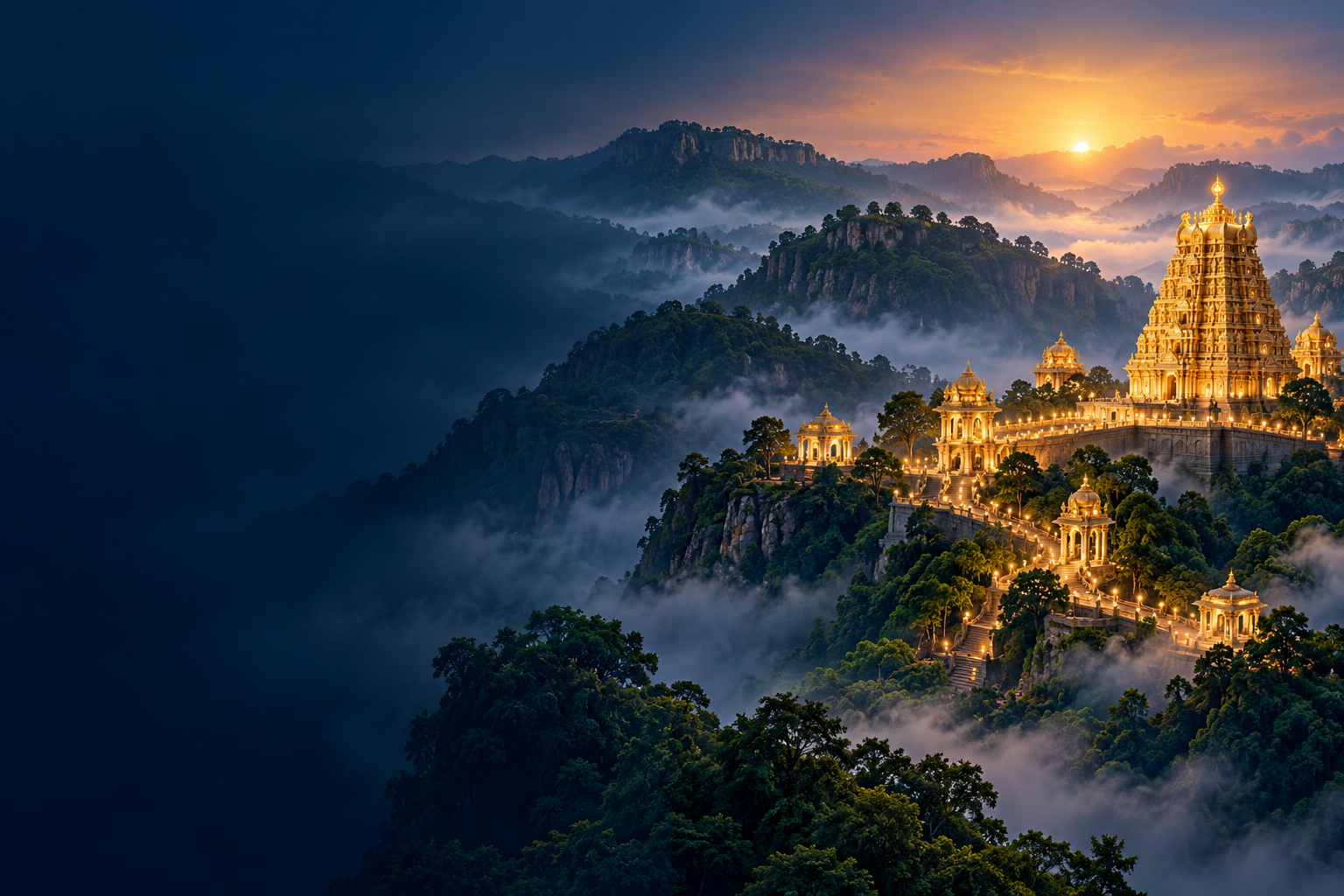 Illustration inspired by sacred hills and temple architecture, not an actual view of Tirumala